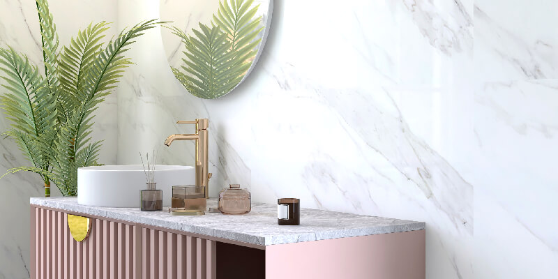 pink accents in tropical bathroom